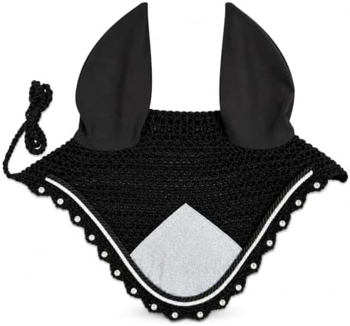 Horse Ear Bonnet for Horses – Handmade Crochet Fly Veil with Crystal Stones, Glitter Patch, Breathable Stretch Ears, Horse Fly Bonnet Ear Bonnet for Riding (Silver, COB)