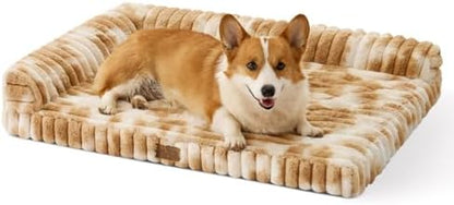 COZY KISS Faux Rabbit Fur Medium Dog Bed – 36"x27" Orthopedic Foam Couch with Sides, Removable Washable Cover & Waterproof Lining, Tie-Dye Brown