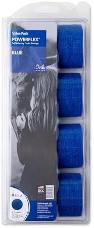 OVIK Health PowerFlex Equine – Extra Strong Self-Adhering Bandage Wrap – Wound Care, Compression & Support Bandage for Horses, Cows & Dogs – Blue, 4 inch, 4 Rolls (Resealable Case)