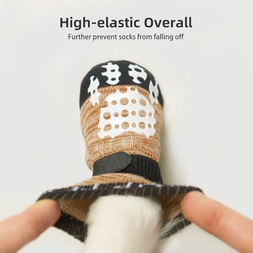 PUPTECK Anti-Slip Dog Socks with Double Sides Grips for Small Medium Large Dogs Hardwood Floors Prevents Licking, Dog Shoes for Hot Pavement Traction Control Paw Protector for Senior Dogs, Khaki XXS