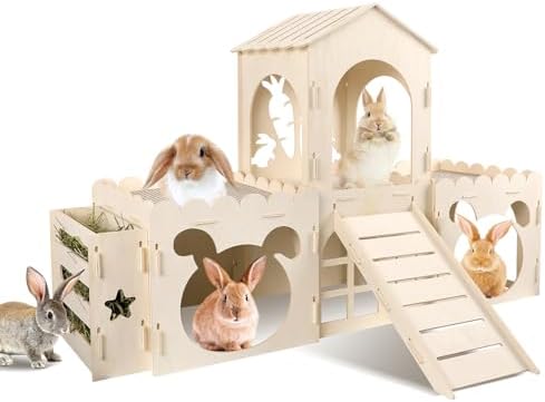 Extra Large Rabbit Castle, Wooden Bunny House & Hay Feeder, Detachable Rabbit Hideaway, Indoor Rabbit Castle with Ramp, Small Animal Houses & Habitats with Sisal Mat