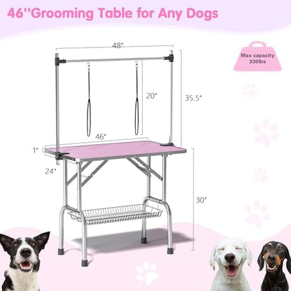 Lyromix 46'' Stainless Steel Pet Dog Grooming Table, Arm/Noose/Tray, Pink