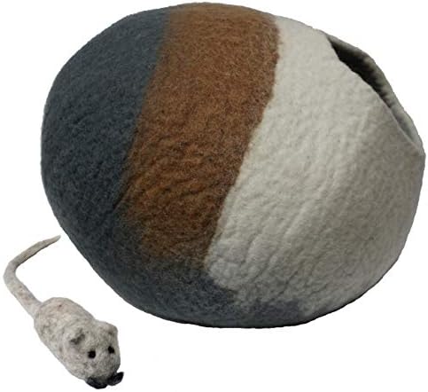 100% Wool Felt Cat Cave Bed Handmade in Nepal with Free Mouse Toy Included (Gray/Tan/Cream)