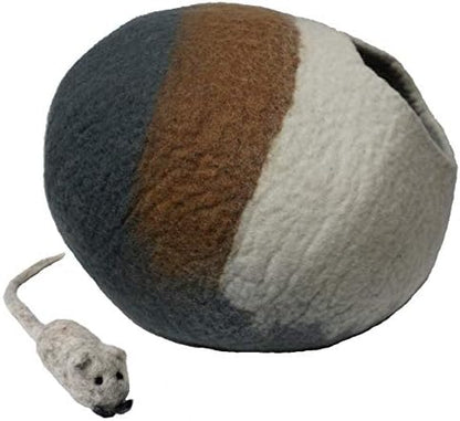 100% Wool Felt Cat Cave Bed Handmade in Nepal with Free Mouse Toy Included (Gray/Tan/Cream)
