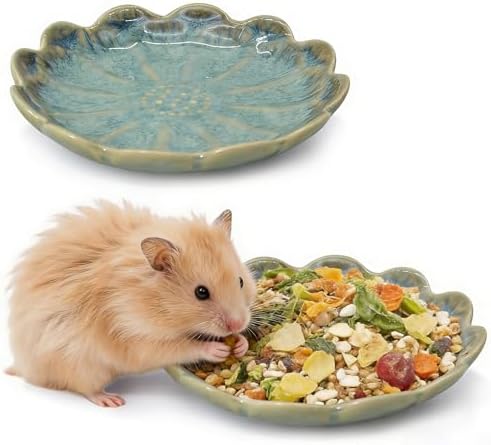 BNOSDM Shallow Ceramic Hamster Food Dish 2 Pcs Small Animals Food Bowl Sunflower Feeding Dishes for Gerbils Mice Rats 4.5in (Dark Green)