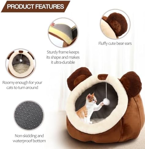 Cat Beds for Indoor Cats -Bear Animal-Shaped Cat Cave Bed with Toy,Brown L