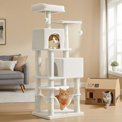 Feandrea Cat Tree, 59.5-Inch Tall Cat Tower, Multi-Level Condo, Cream White