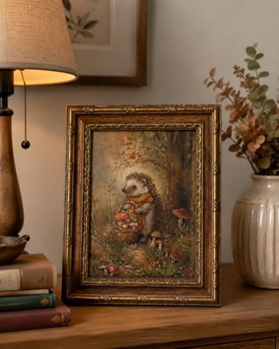 Framed Vintage Wall Art Cute Hedgehog in a Rustic Forest Setting Canvas Print Poster Vintage Farmhouse Style Artwork Suitable for Bedroom or Living Room 8x10 Inches Ready to Hang or Display on a Tabletop