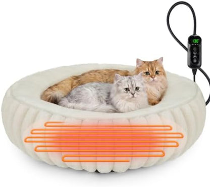 INVENHO Heated Cat Beds for Indoor Cats and Small Dogs, 24" Cozy Donut Heated Pet Bed with Timer & Temp Adjustable, Removable Waterproof Electric Warming Bed for Indoor Cat