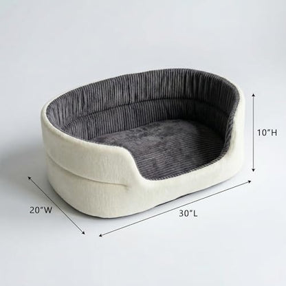 Large Dog Bed Cat Bed 20x30 Inch,Calming Pet Bed for Dogs & Cats,Machine Washable Dog Bed,Half-Enclosed Open-Top Velvet Anti-Anxiety Bed,Cozy Snuggle Bed (White)