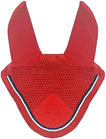 Horse Fly Bonnet Double Piping Ear Net Fly Veil Mask Breathable Cotton Crochet Horse Tack (Pony, RED)