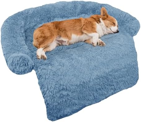 GGIB Calming Dog Bed Fluffy Plush Dog Mat for Furniture Protector with Removable Washable Cover for Large Medium Small Dogs and Cats (Medium, Navy)