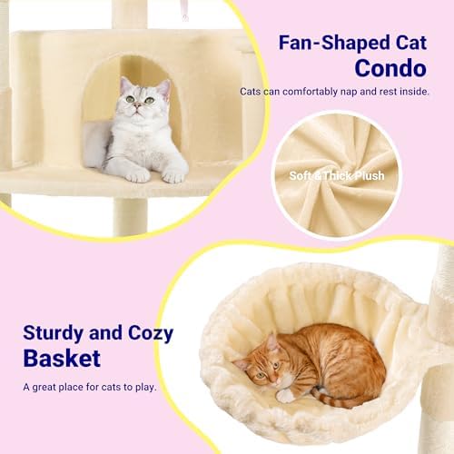Allewie 73in Fan-Shaped Space-Saving Corner Cat Tower/Multi-Level Tall Cat Tree for Indoor Kitties/Cozy Baskets/Condos/House/Perches/Sisal Scratching Posts/Pet Activity Center/Beige