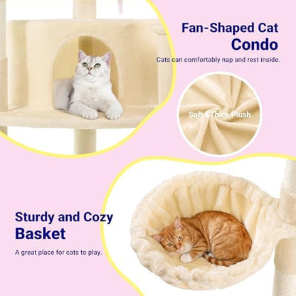 Allewie 73in Fan-Shaped Space-Saving Corner Cat Tower/Multi-Level Tall Cat Tree for Indoor Kitties/Cozy Baskets/Condos/House/Perches/Sisal Scratching Posts/Pet Activity Center/Beige