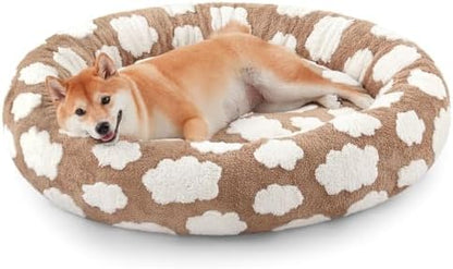 JOEJOY Jacquard Donut Round Dog Beds Medium Sized Dog,Brown 30x30x8in, Removable Washable Cover, Cute Pattern, Ultra Soft Fluffy Calming Pet Bed with Thick Supportive Bolster