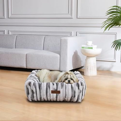 Modern Threads Ribbed Plush Two-Tone Cuddler Dog Bed, Ultra-Soft Faux Rabbit Fur, Supportive Bolstered Sides, Removable Washable Cover, Bed for Small to Medium Dogs, Silver, (24" L x 20" W x 8" Th)