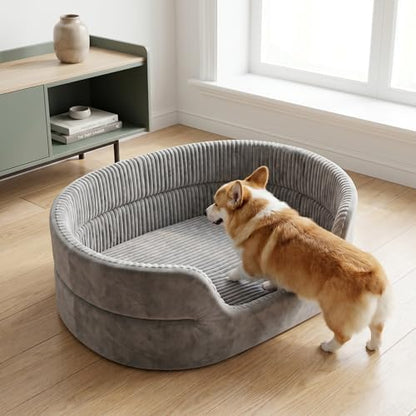 Large Dog Bed Cat Bed 20x30 Inch,Calming Pet Bed for Dogs & Cats,Machine Washable Dog Bed,Half-Enclosed Open-Top Velvet Anti-Anxiety Bed,Cozy Snuggle Bed (Grey)