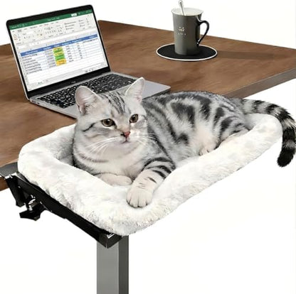 Extra Large Cat Desk Bed 21"x17", One-Click Folding Cat Hammock for Desk, Heavy Duty Holds 40 lbs, Fits 0.4"-3" Desktops, Washable Faux Fur - Gray
