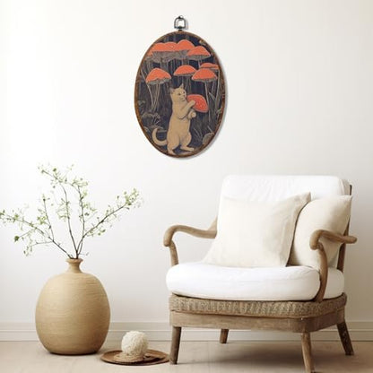 Vintage Cat Mushroom Oval Framed Wall Art, Whimsical Cat Canvas Art Wall Decor，Fantasy Forest Hanging Decor Painting Artwork for Home Office Bathroom Living Room Bedroom Decoration 8.3x12inch