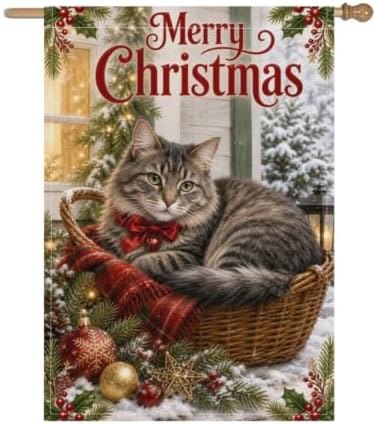 Merry Christmas House Flag 28x40 Inch Tabby Cat Wicker Basket Red Bow Holly Ornament Snowy Vintage Cottage Outdoor Yard Lawn Front Porch Welcome Double Sided Banner Decor