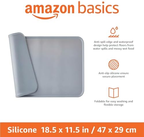 Amazon Basics Waterproof Non-Slip Silicone Pet Feeding Mat with Raised Edges, Prevents Spills, Easy to Clean, Protects Floors for Cat & Dog Food and Water Bowls, 18.5 x 11.5 Inches, Gray