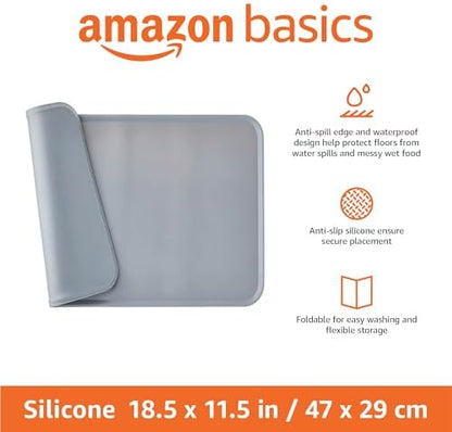 Amazon Basics Waterproof Non-Slip Silicone Pet Feeding Mat with Raised Edges, Prevents Spills, Easy to Clean, Protects Floors for Cat & Dog Food and Water Bowls, 18.5 x 11.5 Inches, Gray