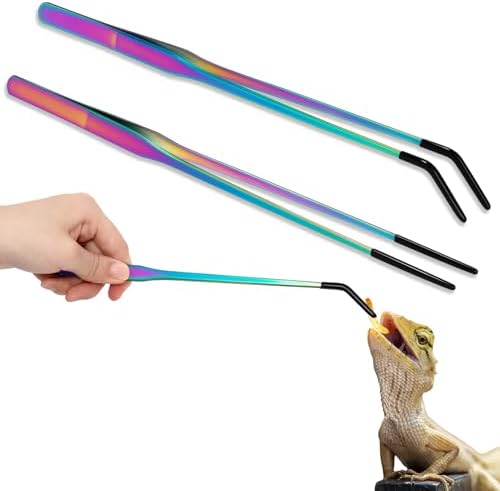 Lasnten 2 Pcs Extra Long Stainless Steel Reptile Feeding Tongs with Rubber Tip 10 Inch, 10.5 Inch Bearded Dragon Aquarium Straight and Curved Long Tweezer Terrarium Feeder Tool for Tank(Colorful)