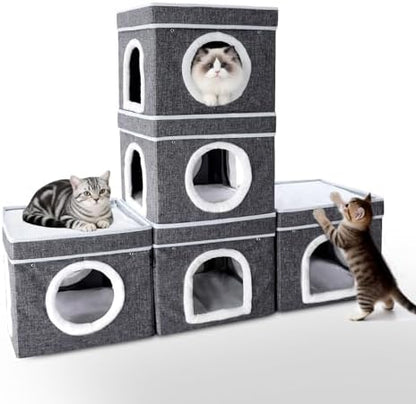Cat Bed for Indoor Cats Cube House,Bedsure Cat Beds for Indoor Cats - Large Cat Cave for Pet Cat HouseFoldable Cat Hideaway,DIY Free Combination Configurable Play Tower Condo for Cats（5 piece）