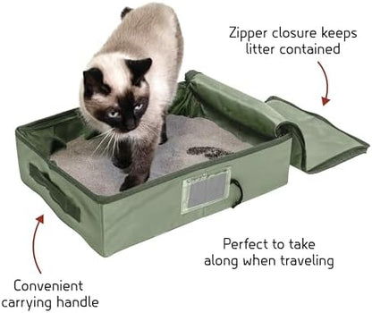 SportPet Designs Portable Travel Litter Box for Cats, Large Collapsible with Zippered Lid, Water-Resistant & Leak-Resistant Cat Litter Tray for Travel, Green