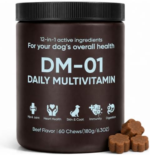 DM-01 Daily Multivitamin, Dog Multivitamin Itch Relief Chews, for Skin & Coat Health, Joint Support, Digestive Health, with Salmon Oil, Chondroitin, and Natural Vitamins, Beef Flavor, 60 Chews