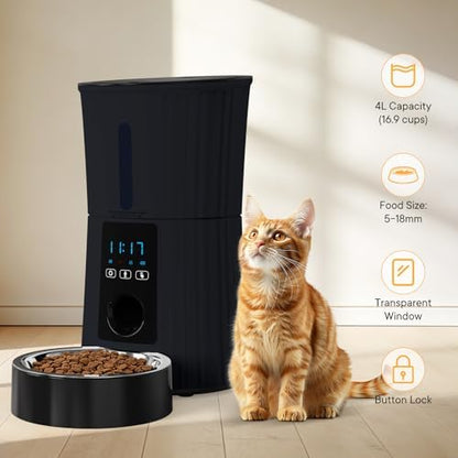NEWBULIG Automatic Cat Feeder with APP 4L Small Dog Food Dispenser, Black