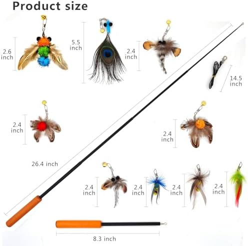 miwoowim 10PCS Retractable Cat Wand Toy with Natural Feather Insect Refills