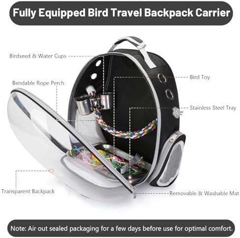 Bird Backpack Carrier, Travel Bird Cage for Small Medium Size Parrot Parakeet Budgies Cockatiel, Portable Clear Bubble Window Bag with Stainless Steel Tray Food Bowl Standing Perch (Black)