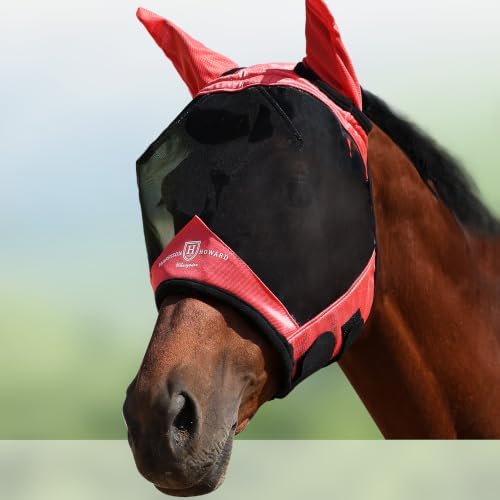 Harrison Howard Horse Fly Mask with Ears, Half Face Fly Mask for Horses, UV Protection, Large Eye Space Coral Orange XL