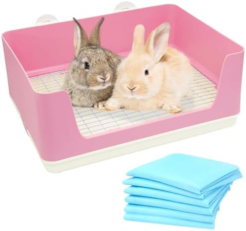 Fhiny Large Rabbit Litter Box for Cage, Plastic Guinea Pig Litter Pan with 6 PCS Disposable Pee Pads Potty Trainer Corner Toilet Box for Bunny Guinea Pigs Ferrets Chinchillas Small Animals (Pink)
