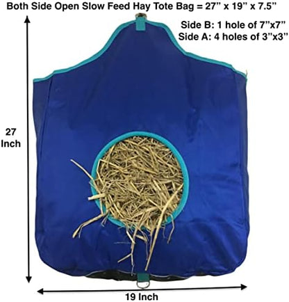Majestic Ally Nylon Hay Feeder Tote Bag for Horse, Goat, Sheep - Double Sides Open Feed Hole with Faux Leather Ventilated Bottom- Premium Quality -Simulates Grazing - Reduces Waste (Royal Blue)