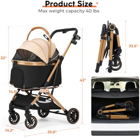 Dog Stroller for Small and Medium Dogs, 40lbs Capacity Pet Stroller with Detachable Carrier, One-Hand Fold, Breathable Mesh & Sun/Rain Canopy, Khaki
