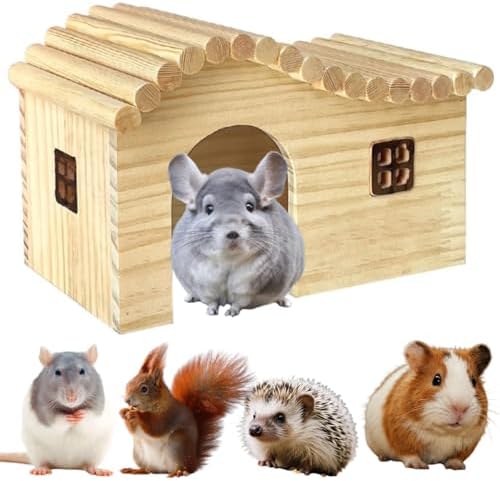 Guinea Pig Wood Hideout Hut with Window Small Animal Wooden House for Chinchilla Squirrel Hedgehog Fancy Rat Hamster (Large)