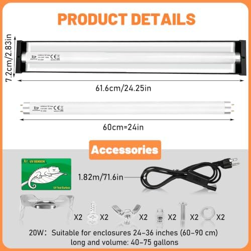 T8 10.0 UVB Reptile Light Fixture Kit 20W 24", with UV Sensor Card