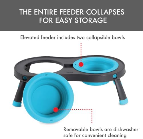 Dexas Pets Elevated Double Pet Feeder, Small, 1 Cup Capacity Bowls, Blue, Raised Pet Food and Water Bowls