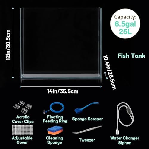 LAQUAL 6.5 Gallon Ultra Clear Glass Fish Tank, Rimless Low Iron Aquarium for Betta/Nano/Goldfish/Snail/Shrimp, Fish Tank & Cover Set & Feeding Ring & Cleaning Tools
