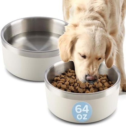 Set of 2 Stainless Steel Dog Bowls - 64oz/8 Cups Double Wall Insulated Food and Water Bowls for Dogs and Cats, Non Slip Metal Pet Dishes for Medium-Large Pets, Puppy Essentials by PETMAKER (Cream)