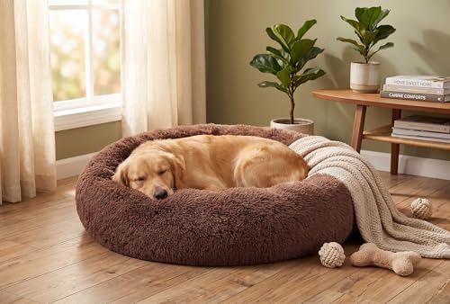 SAVFOX 36 inches Calming Donut Dog Bed - 3X Durable Plush Faux Fur, Machine Washable & Non-Slip, Fits up to 100 lbs, Brown