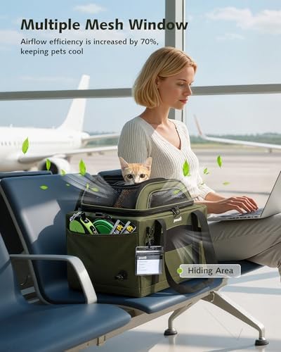 Pecute Expandable Airline Approved Pet Carrier for Cats & Dogs, Olive Green
