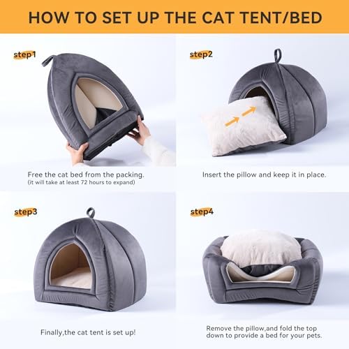 KASENTEX Cat Bed for Indoor Cats, 2-in-1 Cat House Pet Supplies for Large Cat or Small Dog - Animal Cave, Cat Tent with Removable Washable Pillow Cushion (Camel 19x19x19)