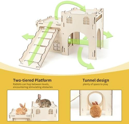 BWOGUE Wooden Bunny Castle Hideout, Extra Large Bunny House with Stairs