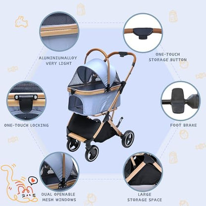 Chihuahua 3-in-1 Foldable Pet Stroller 4-Wheel for Small Dogs, Cerulean