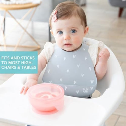 Bumkins Feeding Set with Suction, Includes Spoon and Lid, Training Essentials for Baby-Led Weaning, Toddler Self-Feeding, Babies Eating at 4 Mos Up, Pink Jelly