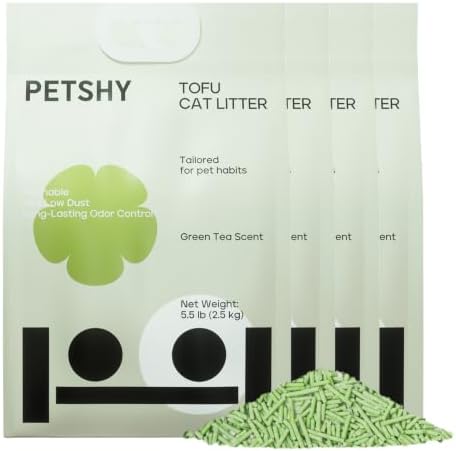 Tofu Cat Litter – Green Tea Scented for Long-Lasting Freshness, Plant-Based Kitty Litter, Flushable, Low Dust, Non-Stick Pellets for Easy Scoop & Clean, 22 lb (5.5lbx4bags)