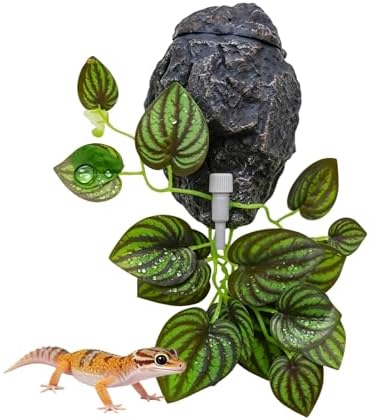 Reptile Water Dish with Dripper, Adjustable Wall-Mounted Water Bowl for Terrarium Humidity Control - Natural Rock Decor Feeding & Watering Dish for Gecko, Lizard, Snake, Frog & Small Reptiles
